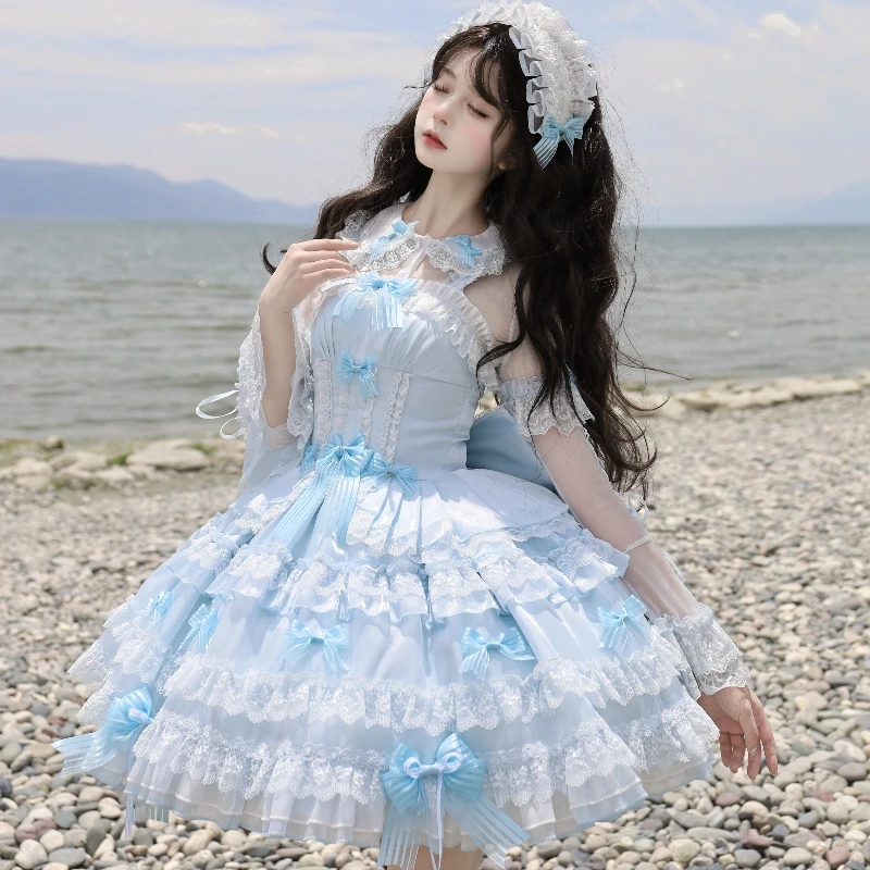 التصميم الأصلي أنيقة الحلو الأميرة الفتاة JSK فستان بكتافة مقوس دانتيل سليم عالية الخصر القوس زائدة Jsk فساتين قصيرة للنساء