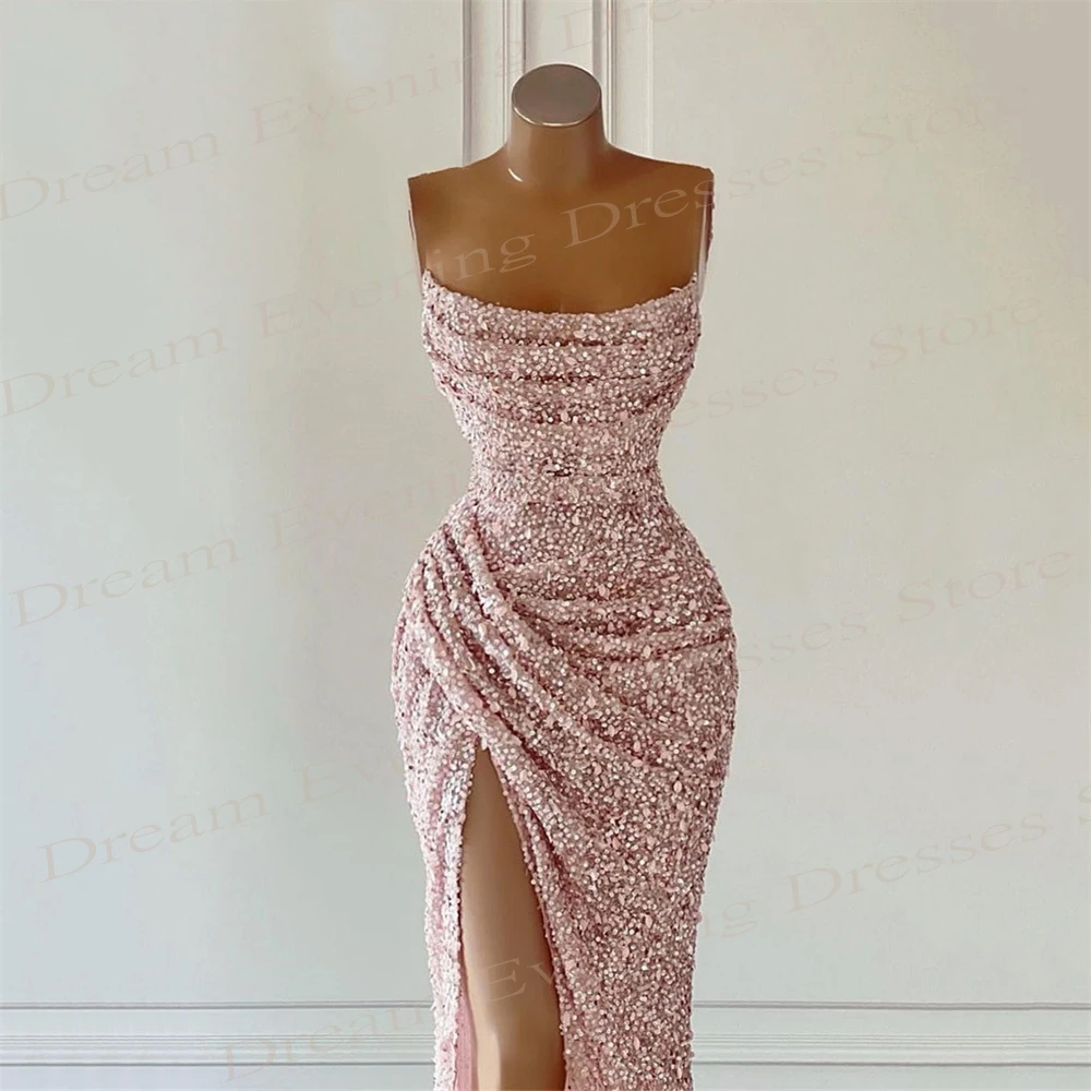 Generous Pink Mermaid Shiny Glitter Evening Dresses Graceful Strapless Sleeveless Prom Gowns Sexy Side Split Vestidos De Fiesta