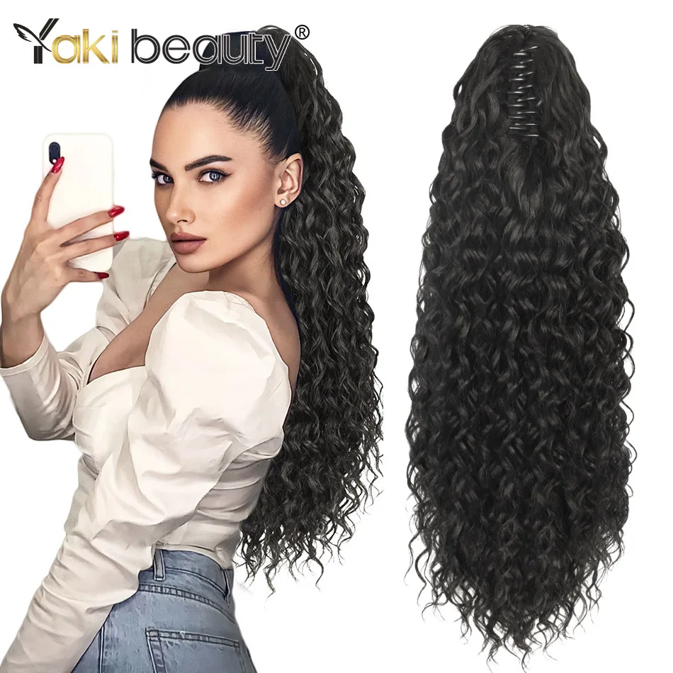 Synthetic Deep Wave Drawstring Ponytail 24 Inch Curly Ponytail Extension Water Wave Claw On Ponytails Hair Extensions Ponytail