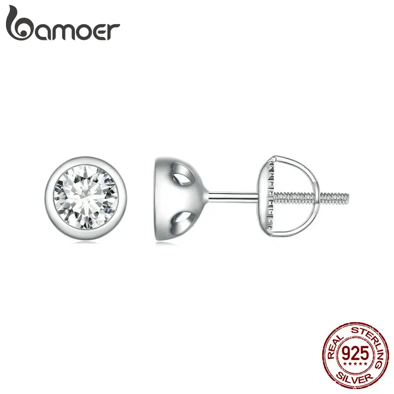 BAMOER 925 Sterling Silver Bezel Moissanite Stud Earrings Round Cut Lab Diamond Earrings for Women Wedding Jewelry Gift