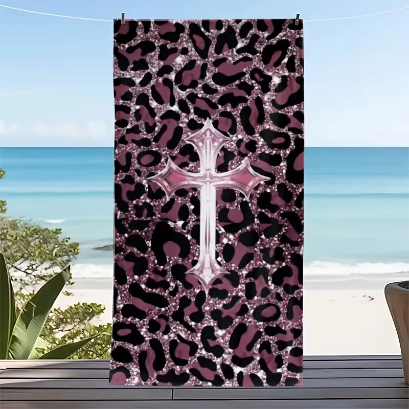 Pink Glitter Leopard Cross Print Beach Towel Quick Dry Soft Absorbent Sand Free Bath Towel for Women Girl Summer Pool Gym Travel