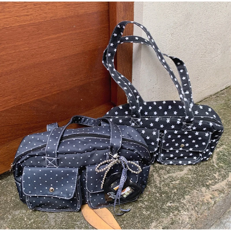 Mehrfach-Taschen-Schultertasche mit Polka Dots, Damen-Canvas-Tragetasche, Koreanische Lässige Süße Niedliche Pendler-Einkaufs-Reisetasche – Detail 27