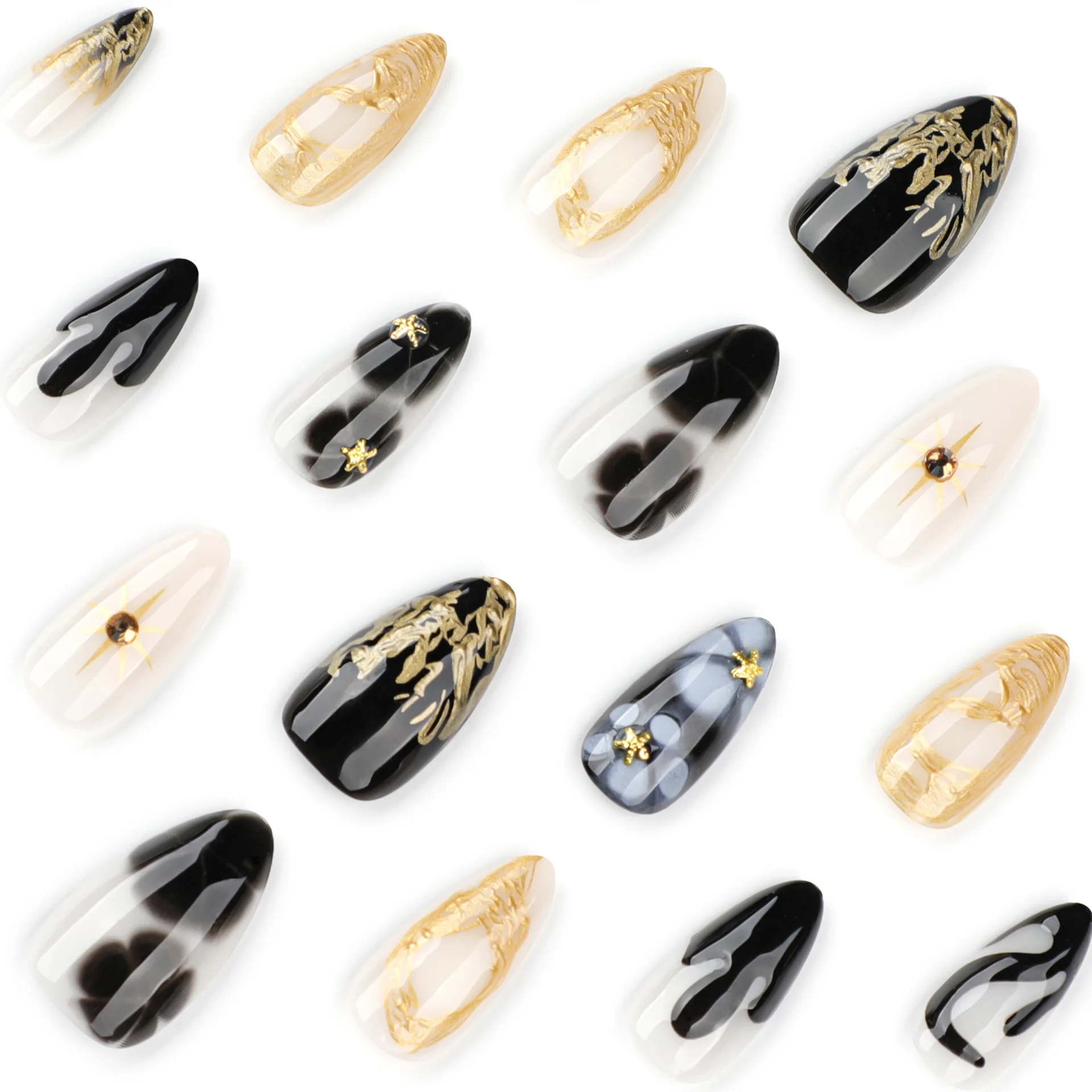 24Pcs almond False Nail Black petal flower Wearable Manicure Press ON Nails Solid