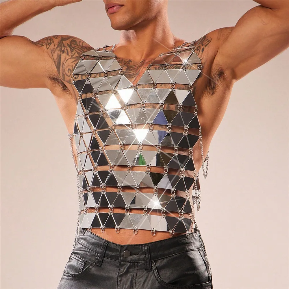 Handmade Festival Rave Performance Outfit Sexy Hollow Out Sliver Triangular Acrylic Sequin Tank Top Men Metallic Mirror Vest