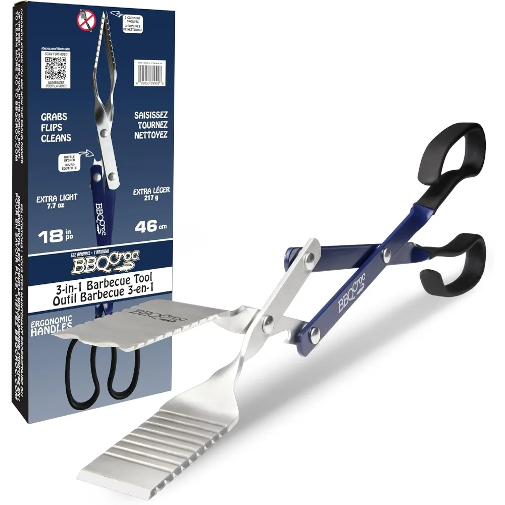 

BBQ Croc 3 in 1 Barbecue Tool 18-inch - Lightweight and Long Tongs, Spatula and Grill Scraper (Blue) (18 inch Without Flashlight