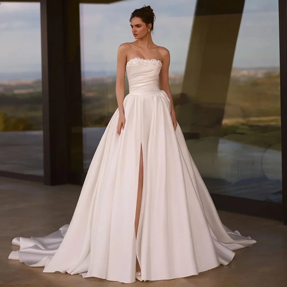 

Flavinke Customized Gorgeous Wedding Dresses 2025 Strapless Sleeveless Applique Pleat Sweep Train Vestidos De Novia Bridal Gown