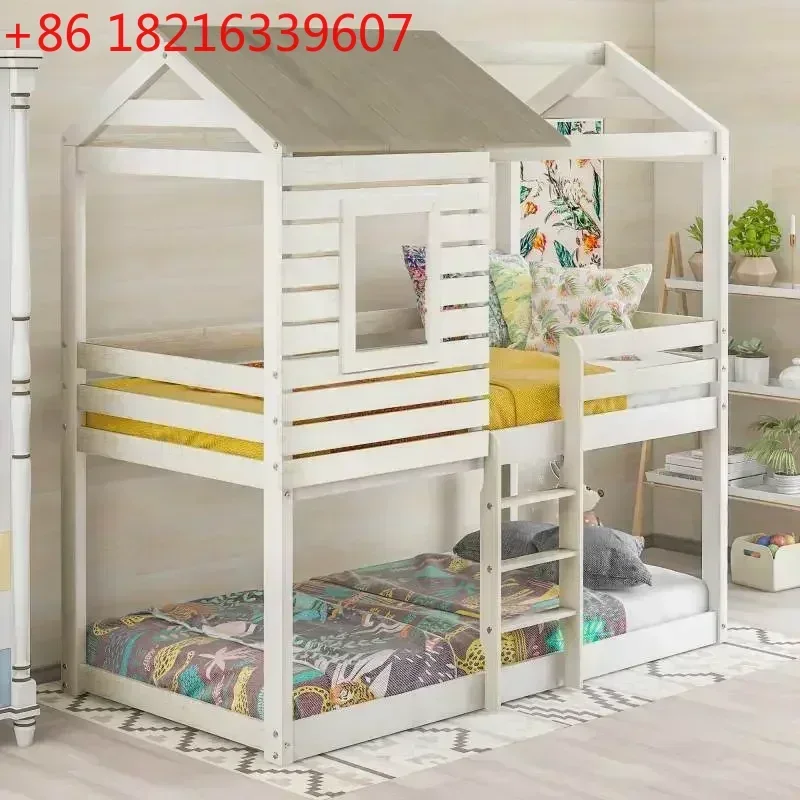 

TAO Twin Over Twin Bunk Bed Wood Loft Bed with Roof, Window, Guardrail, Ladder,For indoor bedroom furniture (Antique White)