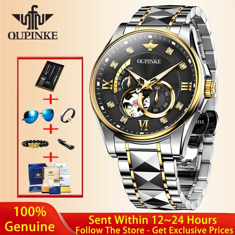 

OUPINKE 3245 Automatic Watch Hollow Flywheel Watch Men Luxury Mechanical Watch Waterproof Luminous Chronograph Brand Men Watch