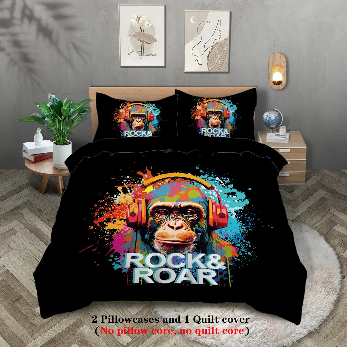 

3-piece down duvet cover with original chimpanzee monkey pattern print (1 duvet cover+2 pillowcases, no core) bedding set