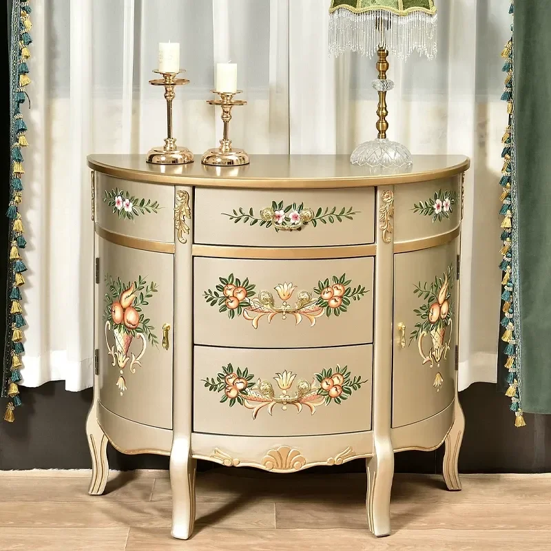 American Style Semi Round Entrance Cabinet Solid Wood Partition Living Room Sofa Side Table Champagne Dining Sideboard