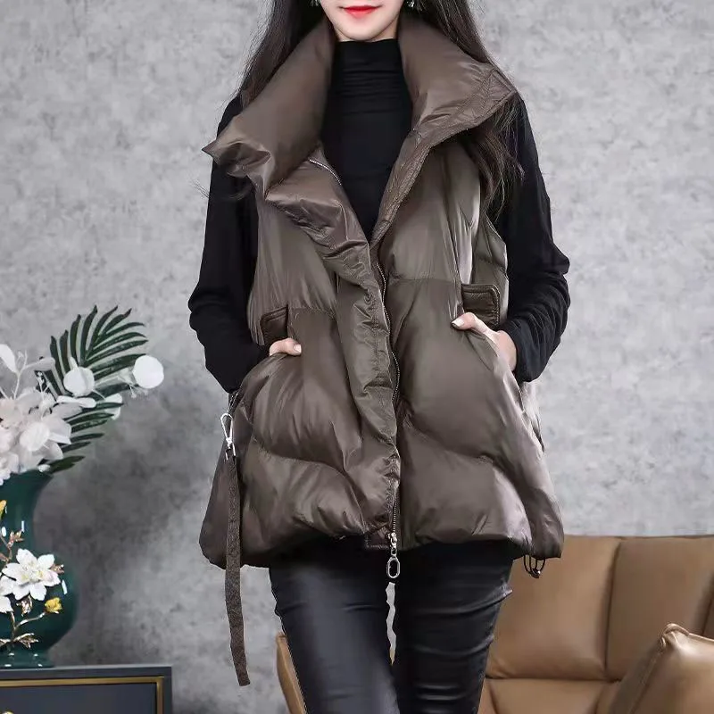 New Winter Down Cotton Vest Women Loose Solid Sleeveless Jacket Coat Female Warm Vests Autumn Lightweight Waistcoat Brown Black