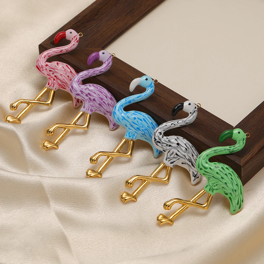 2 Stück Edelstahl 70mm Große Emaille-Anhänger Flamingo für DIY Schmuckherstellung, Ohrringe, Pullover, Halsketten, Anhänger, Armband-Zubehör – Detail 5