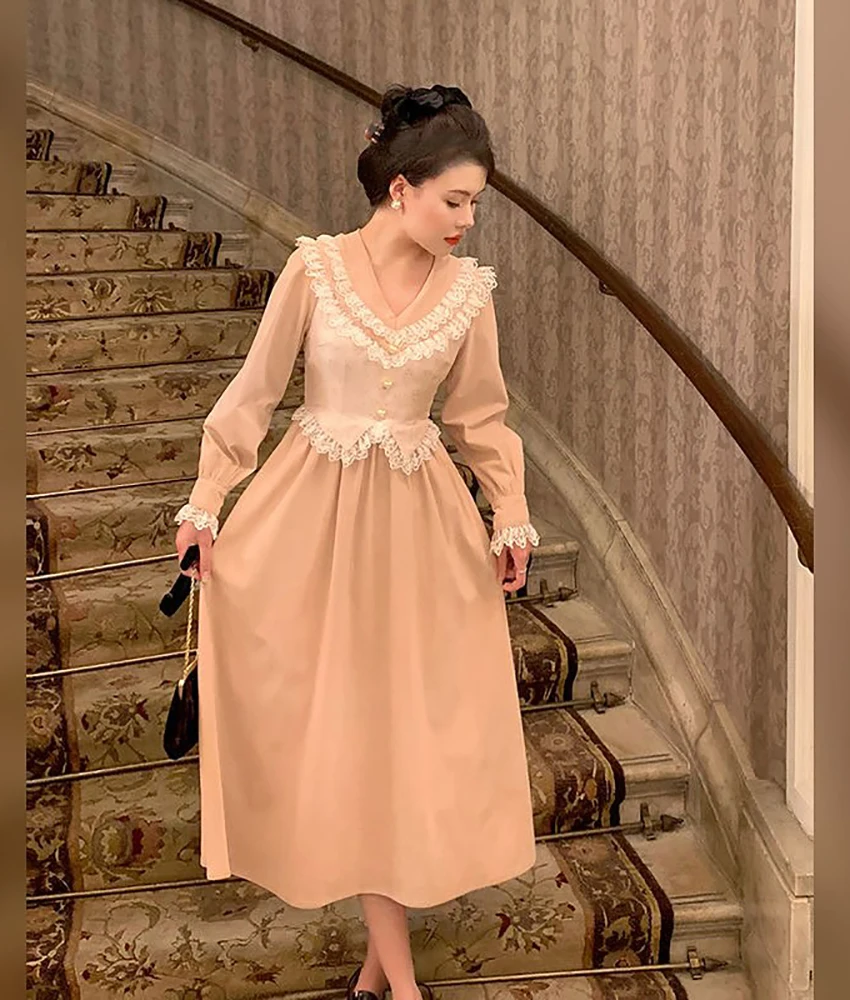 

Customized Graceful Jersey A-Line Lace Buttons Evening Dress Temperament Long Sleeves V-Neck Tea Length Bespoke Occasion Gowns