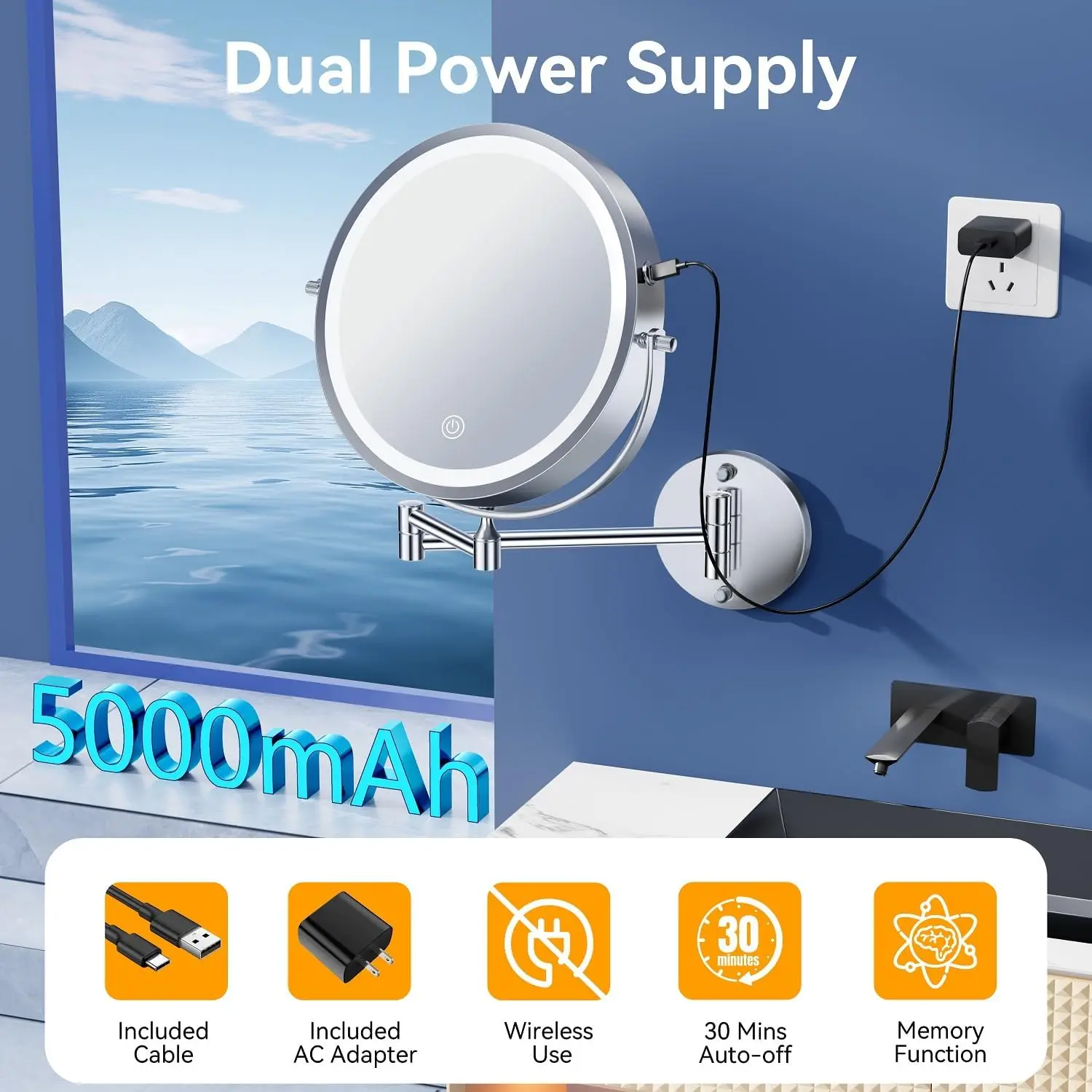 Specchio per trucco da parete da 9'' con luce, ingrandimento 30X/1X, batteria ricaricabile da 5000 mAh, touch dimmerabile 3 colori