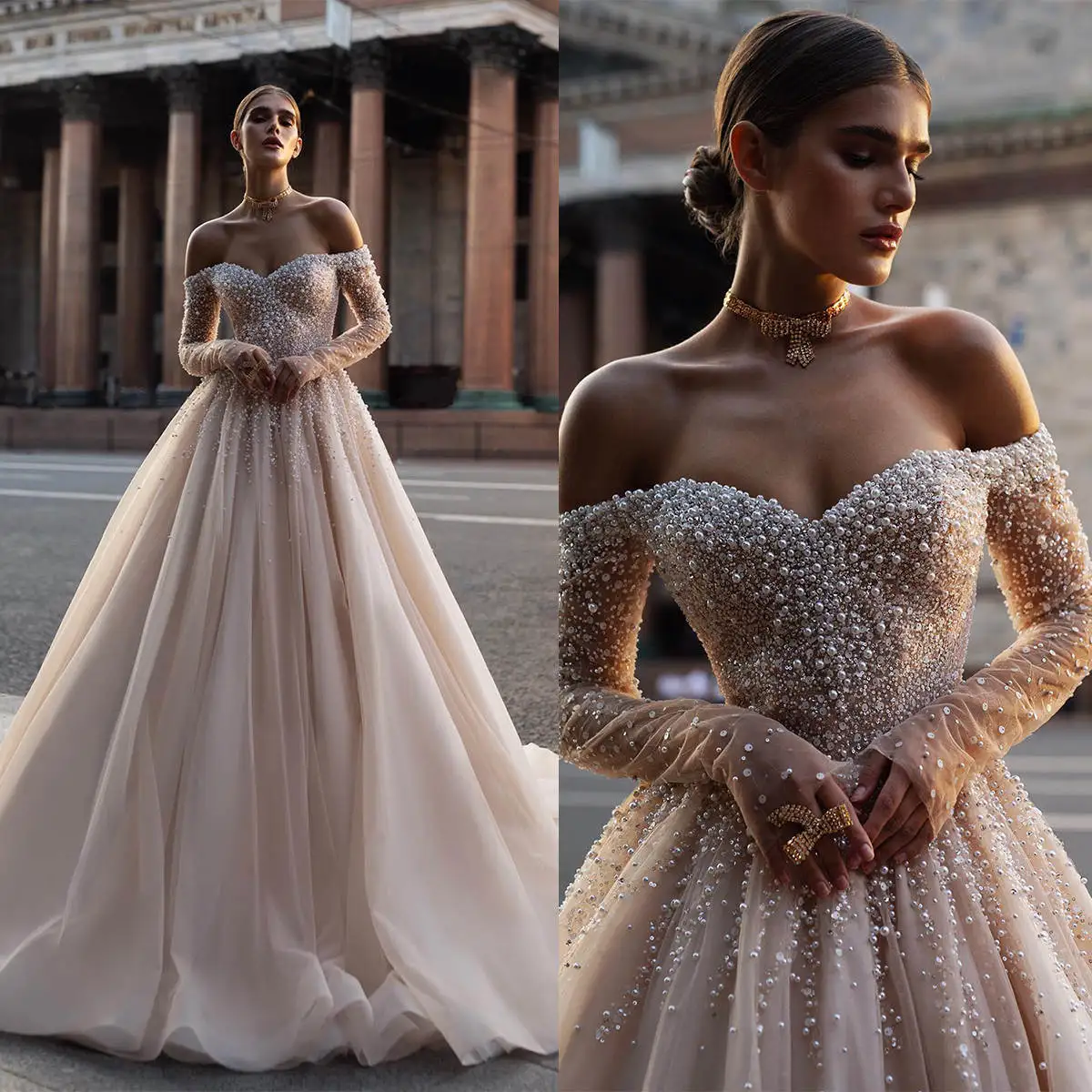 

Luxury Champagen Wedding Dress Off the Shoulder Long Sleeves Pearls Beads Sweep Train Bridal Bride Gown Women vestidos de novia