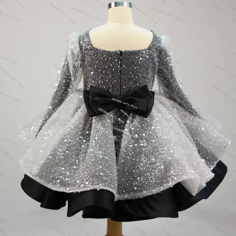 Customized Sequin Girls Party Gown Long Sleeve Princess Pageant Dress Sparking Kids Knee Length Ruffles Tulle Flower Girl Frock