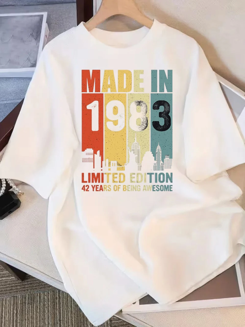Korean Style Made In 1983 Graphic Short-sleeved T-Shirt tee Vintage versatile Print Top Trendy Ins Aesthetic Wear For Men Women