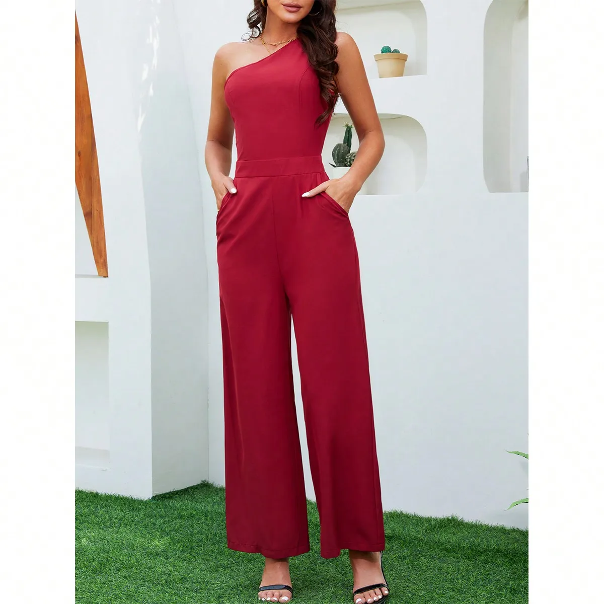 Women Elegant Jumpsuit Sleeveless One Shoulder Sexy Rompers Fashon Irregular Neck Solid Casual Loose Pant Party Jumsuits 2024