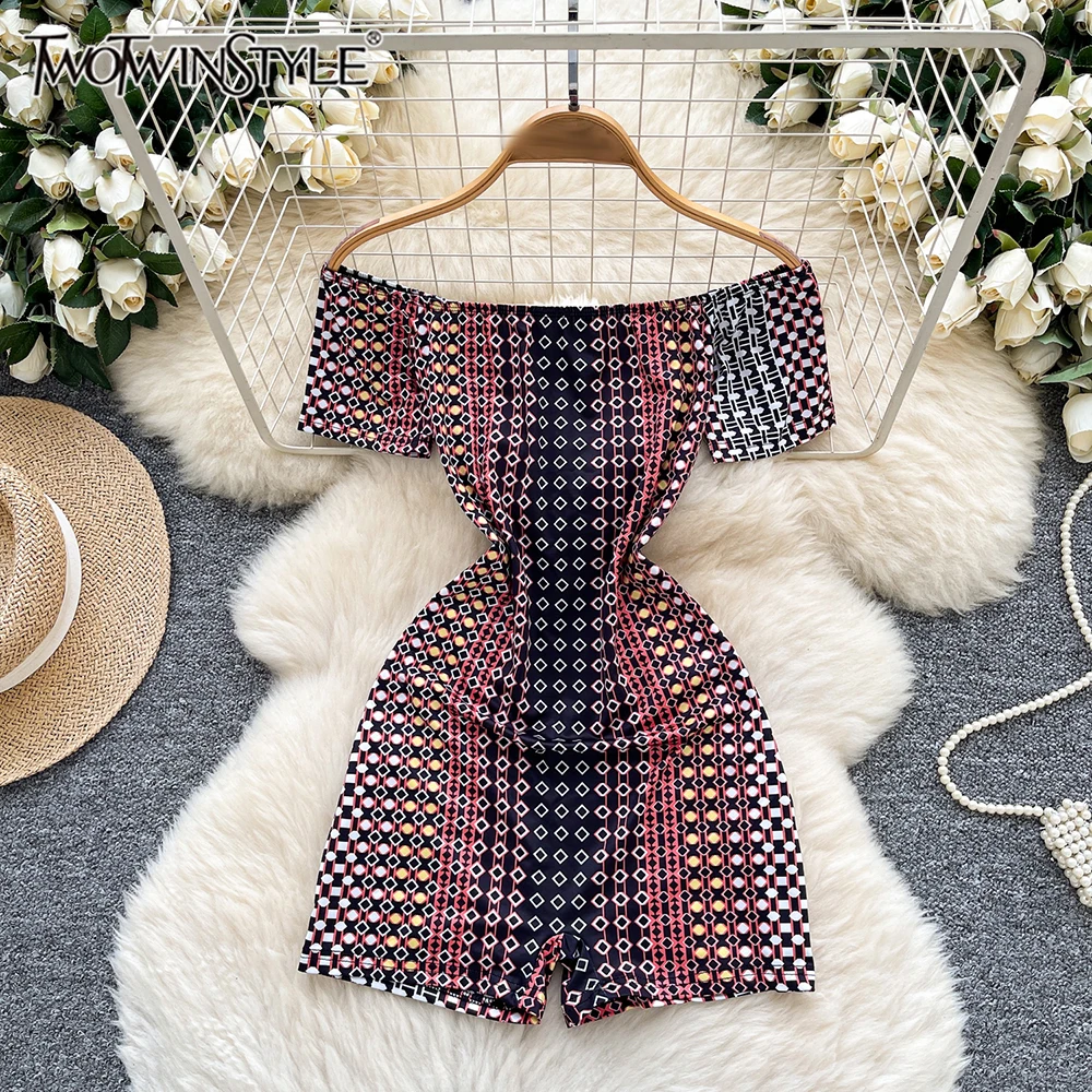 

TWOTWINSTYLE Designer Printing Jumpsuits For Women Slash Neck Off The Shoulder Sleeve High Waist Sexy Jumpsuit Female KJU543980