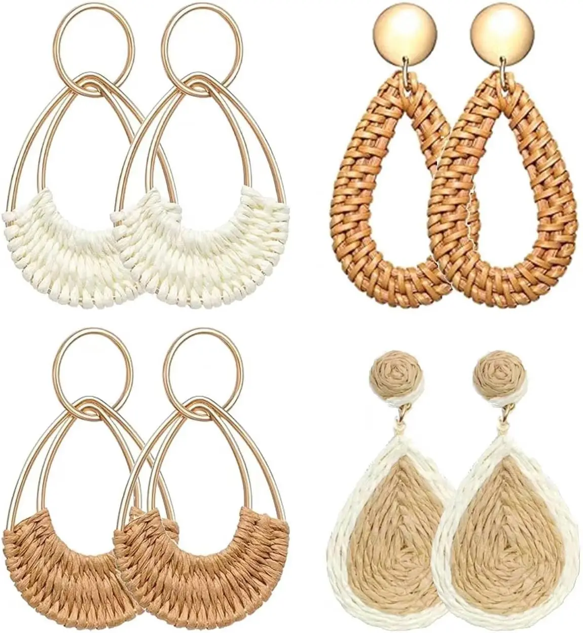 1 or 4 Pairs Handmade Raffia Rattan Bohemian Round Drop Dangle Earrings for Women, Boho Statement Cute Fun Hoop Earrings Set