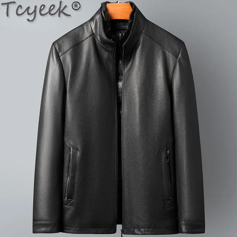 

Tcyeek Casual Genuine Leather Down Jackets Man Short Goatskin Coats for Men Clothing 2023 Winter Warm Down Coat Mink Fur Collar