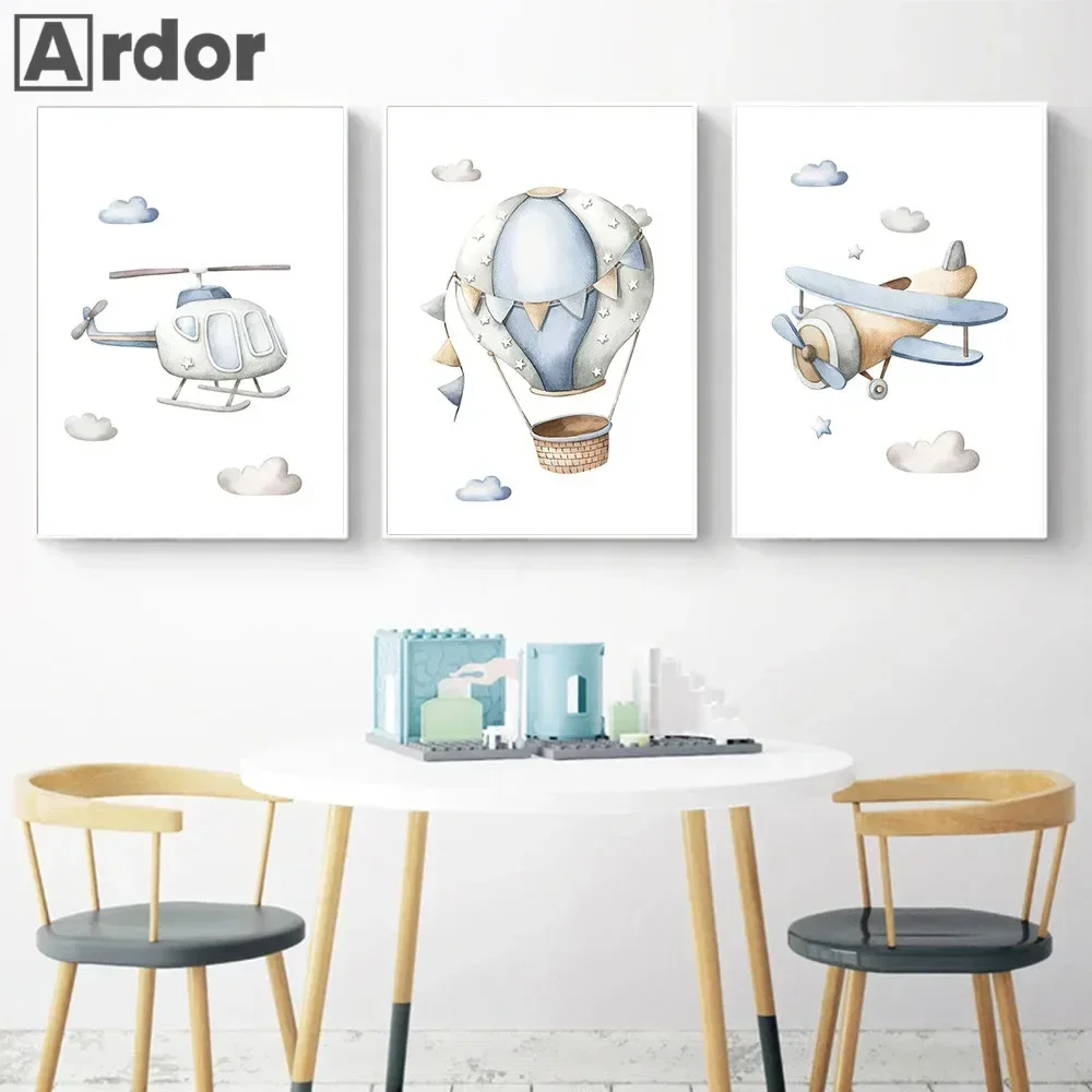 

Cartoon Helicopter Airplane Canvas Poster Blue Hot Air Balloon Art Prints Nursery Wall Paintings Nordic Picture Boy Room Decor