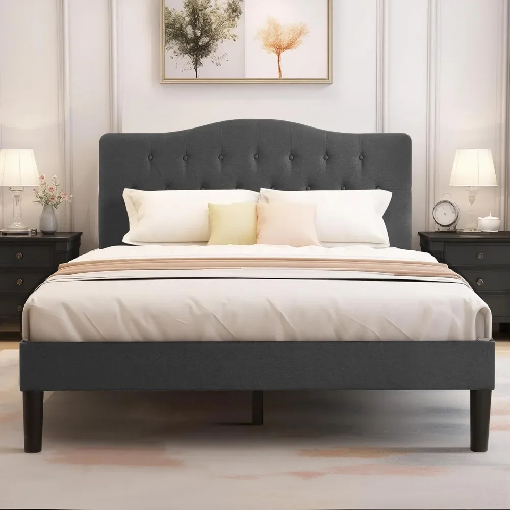 Queen Size Bed Frames with Fabric Upholstered Headboard and Wooden Slats Support, No Box Spring Needed, Bed Frames