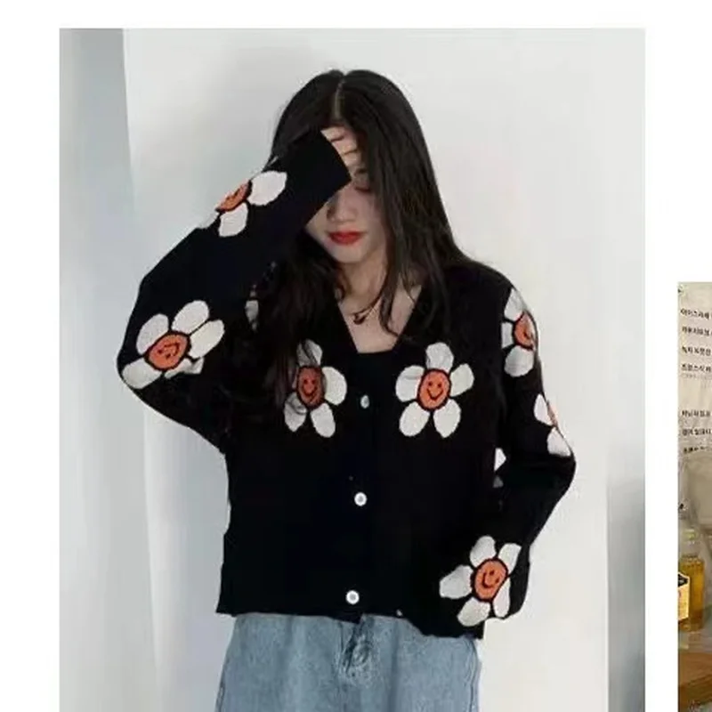 2023 Vintage Flower Knit Cardigans Sweater y2k Women Autumn Winter V Neck Loose Elegant Sweater Coat Female Casual Thick Clothes