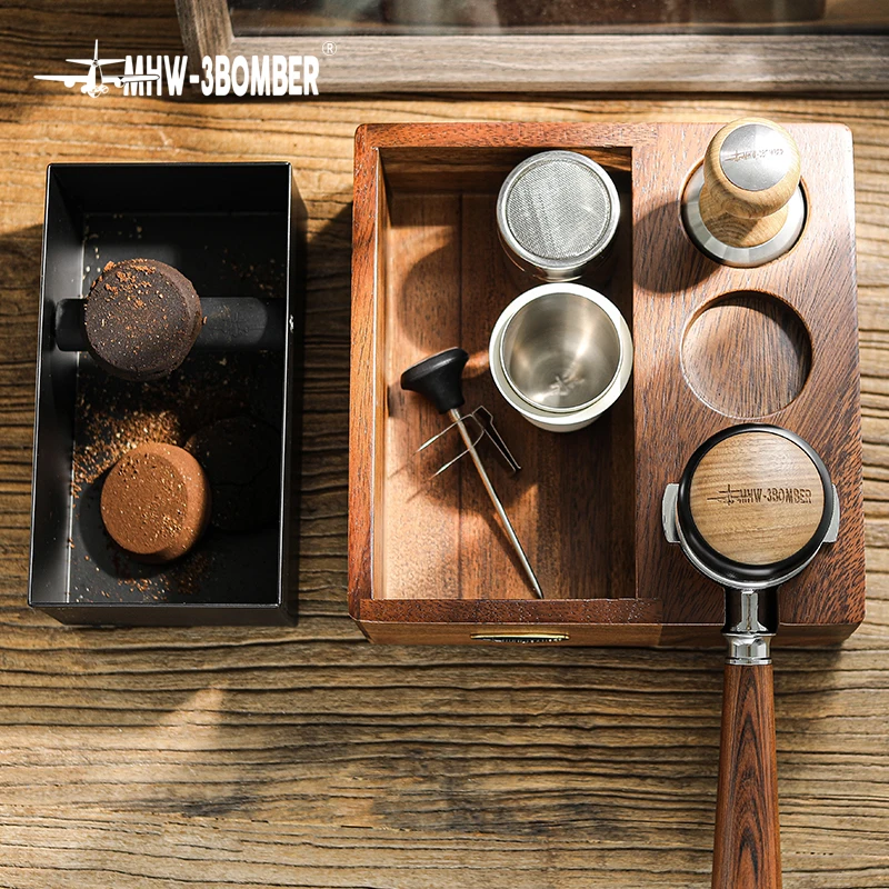 MHW-3BOMBER 4 In 1 Espresso Knock Box Vintage Tamping Stand Wooden Base & Anti-slip Silicone Coffee Distributor & Tamper Holder