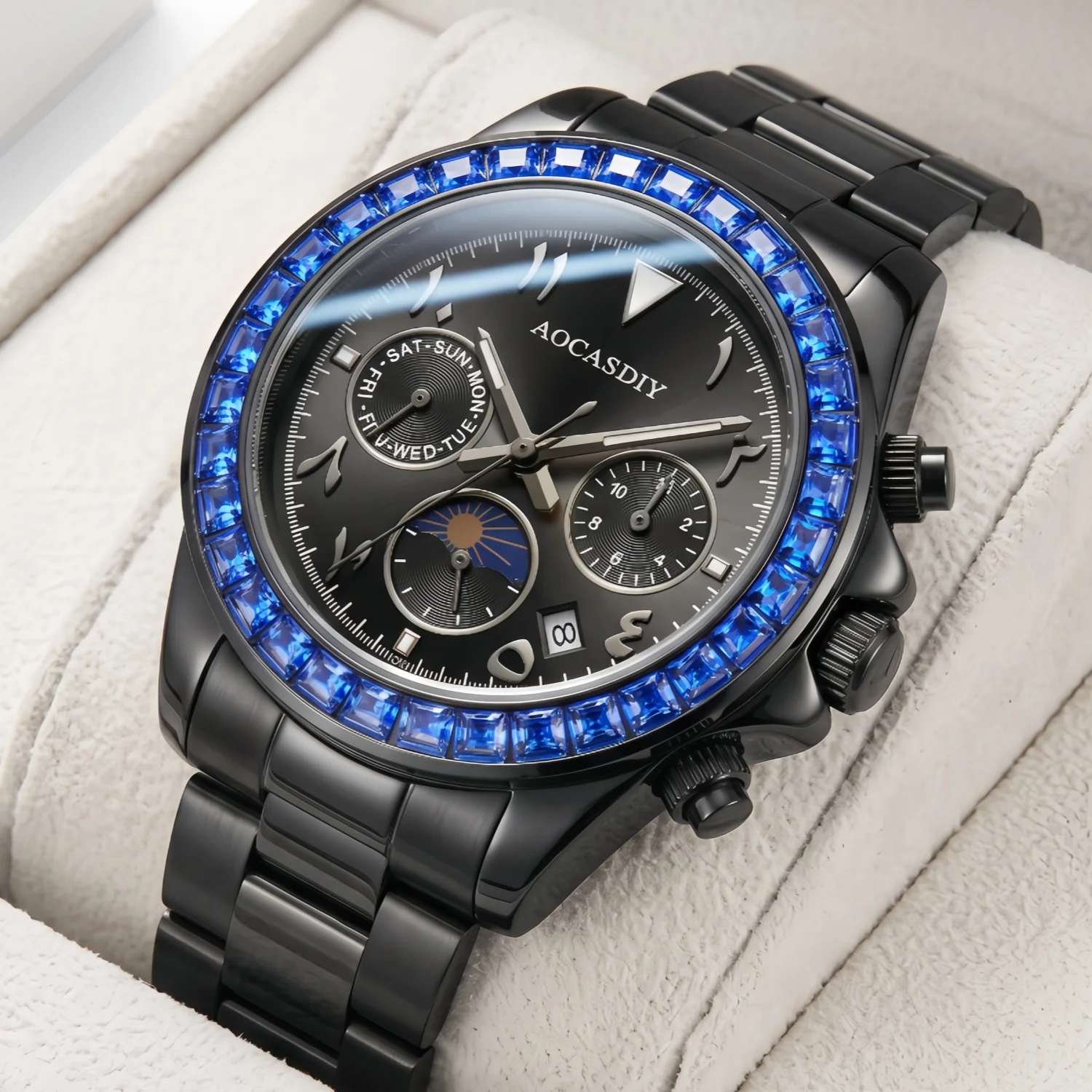 AOCASDIY Men's Mechanical Watch Shining Square Water Diamond Inlaid bezel Sun Moon Phase Date Window Dial Luxury Sports Watch