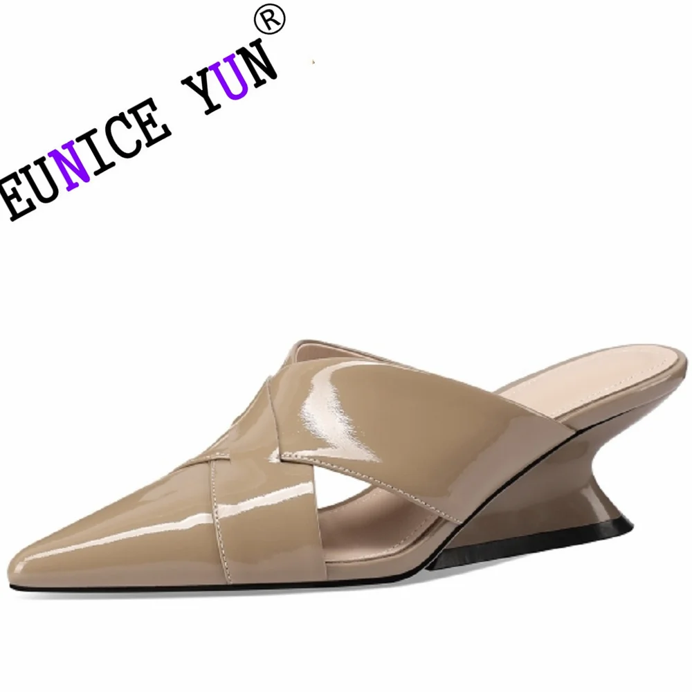 

【EUNICE YUN】New Women's Brand Genuine Leather Summer Slim Heel Pointed High Heel Slippers luxury shoes 33-43