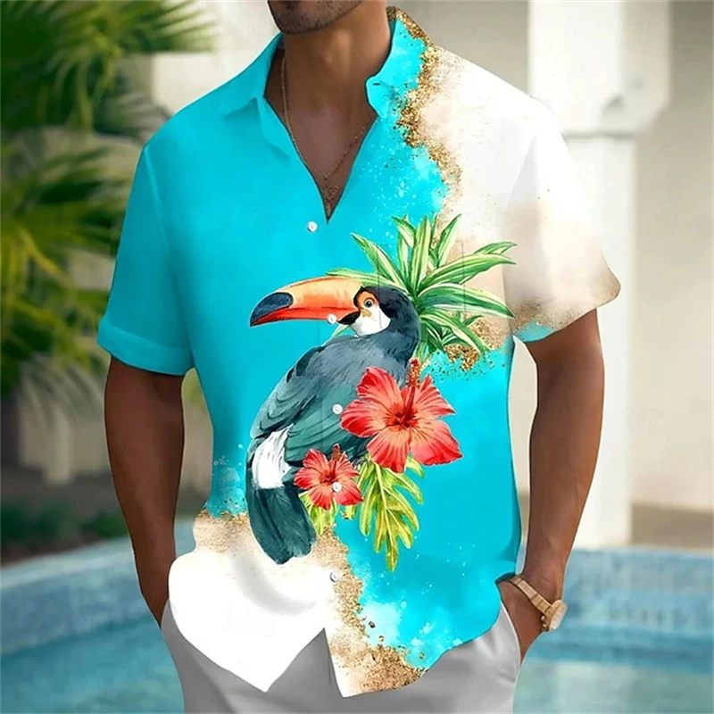 

Мужские рубашки с 3D-принтом туканов и тропическими цветами, летняя гавайская рубашка на пуговицах, рубашка-алоха, пляжная блузка
