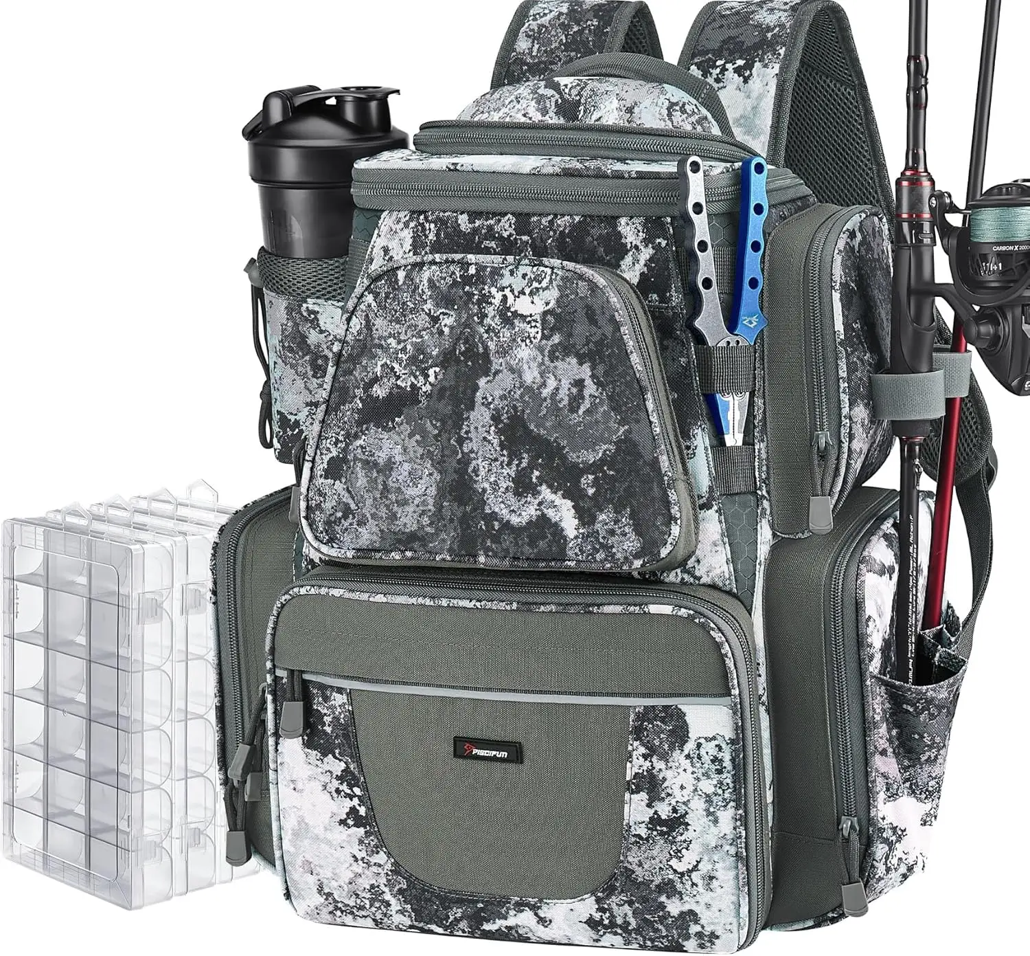 

Fishing Backpack with 2 Rod Holders & 4 Tackle Boxes, Large Tackle Storage Bag With Rain Cover for Fishing Gear