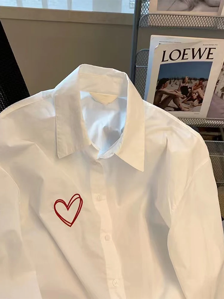 Chemises et chemisiers blancs à col polo pour femmes, esthétique des années 90, vintage, coréen, élégant, Y2K, chemise imprimée à manches longues, vêtements, 2000, 2024