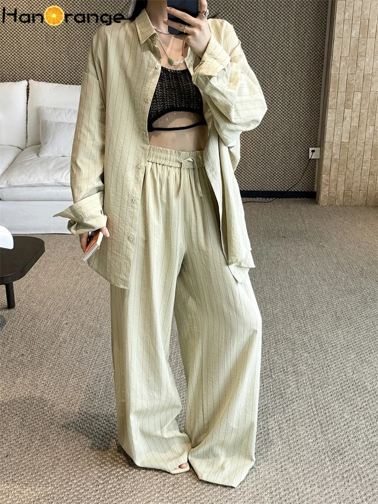 

HanOrange 2026 Summer Linen Stripe Pants Set Women Loose Shirt + Trousers 2pcs Sets White/Green
