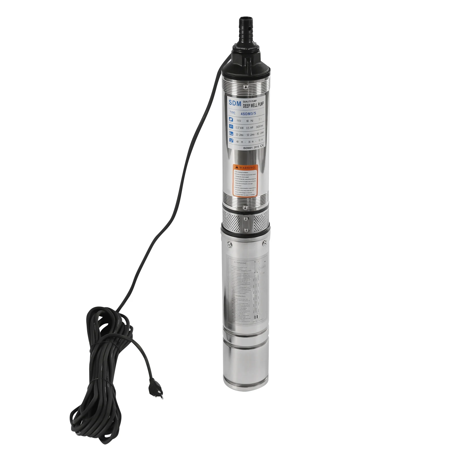 Submersible Well Pump with 49ft Cable, Stainless Steel, 3420 RPM, Quiet and High Efficiency for Deep Water Pumping