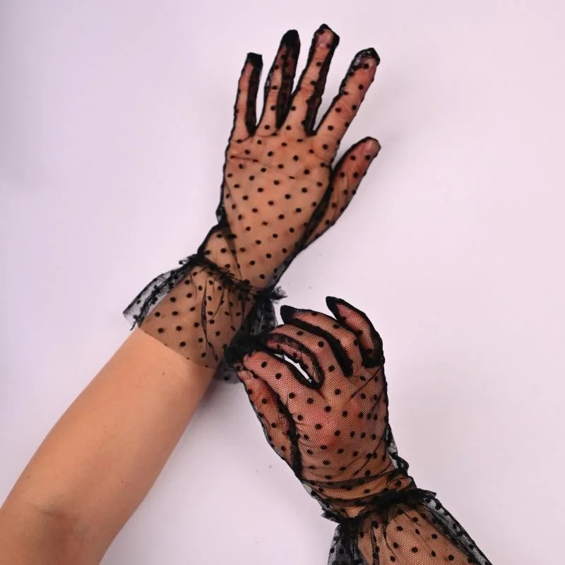 Gloves Black Polka Dot Short Lace Trim Women Bridal Wedding Breathable Bike Sun Protection Lightweight Polyester Mesh