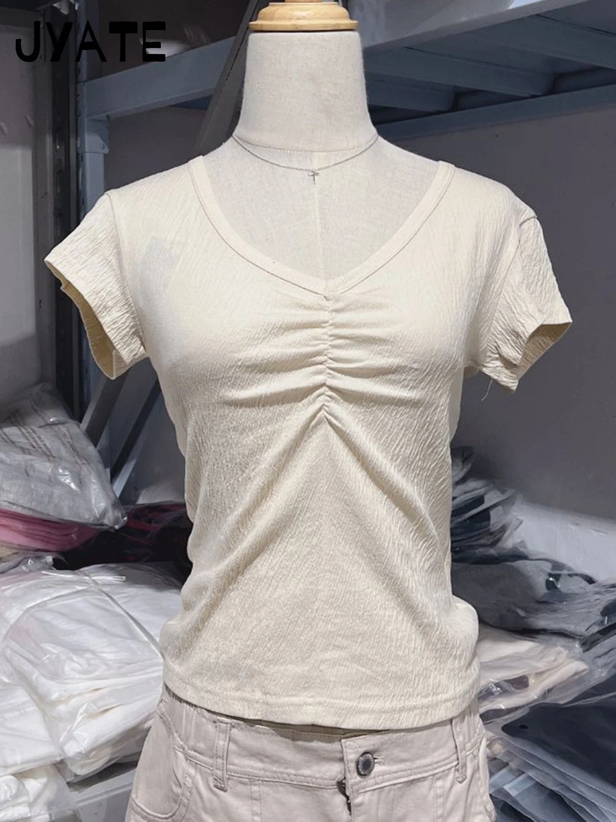 Witte Plooien V-hals Trekkoord Slanke T-shirts Vrouwen Zomer Nieuwe Katoenen Casual Korte Mouw Tees Zoete Leuke Vintage T-shirt Y2K Top