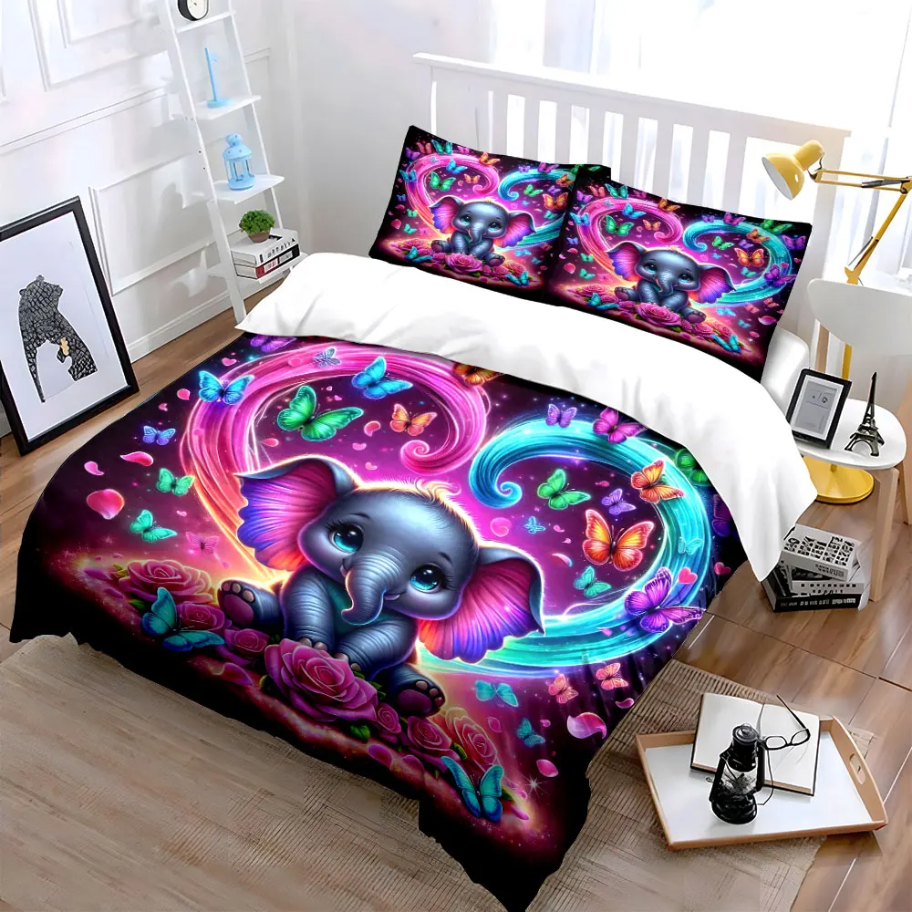 Whimsical Elephant with Colorful Butterflies Print Bedding Set 1 Duvet Cover 2 Pillowcases for Adult and Children Luxury Gift