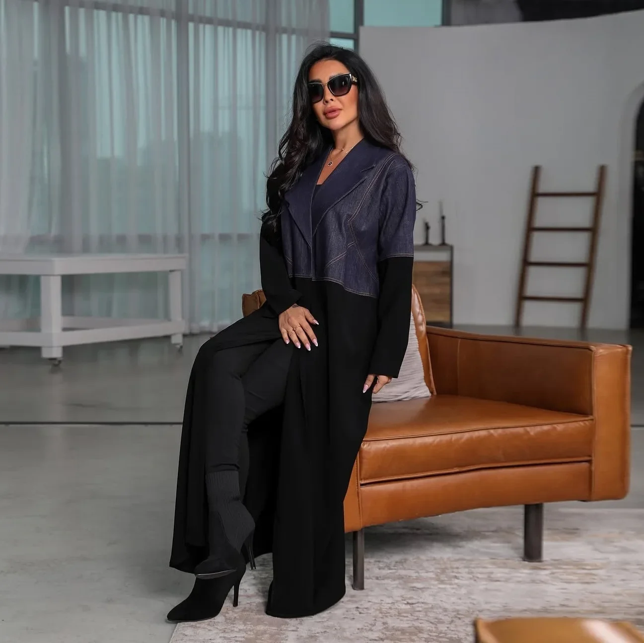 2025 الدنيم المرقعة سترة مفتوحة عباية بدوره إلى أسفل طوق دبي مسلم فستان طويل فضفاض عادية قفطان رداء جلابية الإسلام الملابس