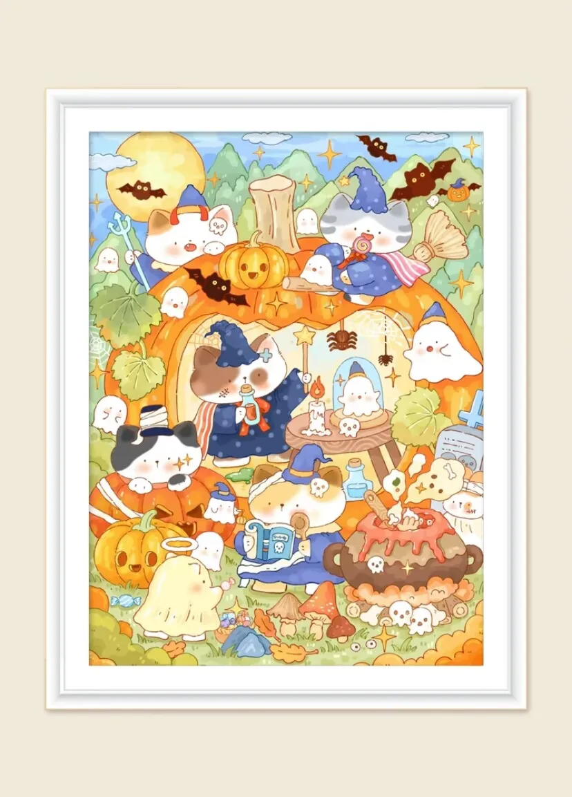 9ct 65X85cm Halloween Cat Pumpkin Cartoon Pre-Printed Cross Stitch DIY Embroidery Set Handicraft Floss Needle Crafts