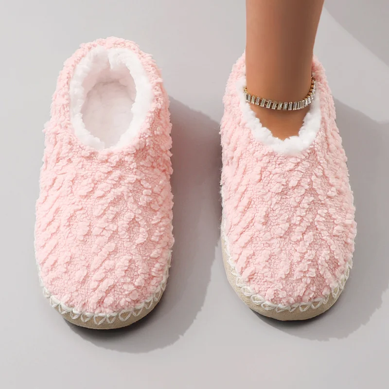 Fashionable and Simple Solid Color Autumn and Winter Plush Thick-Soled Stitched Closed-Back Women's Home Slippers Warm Floor Soc