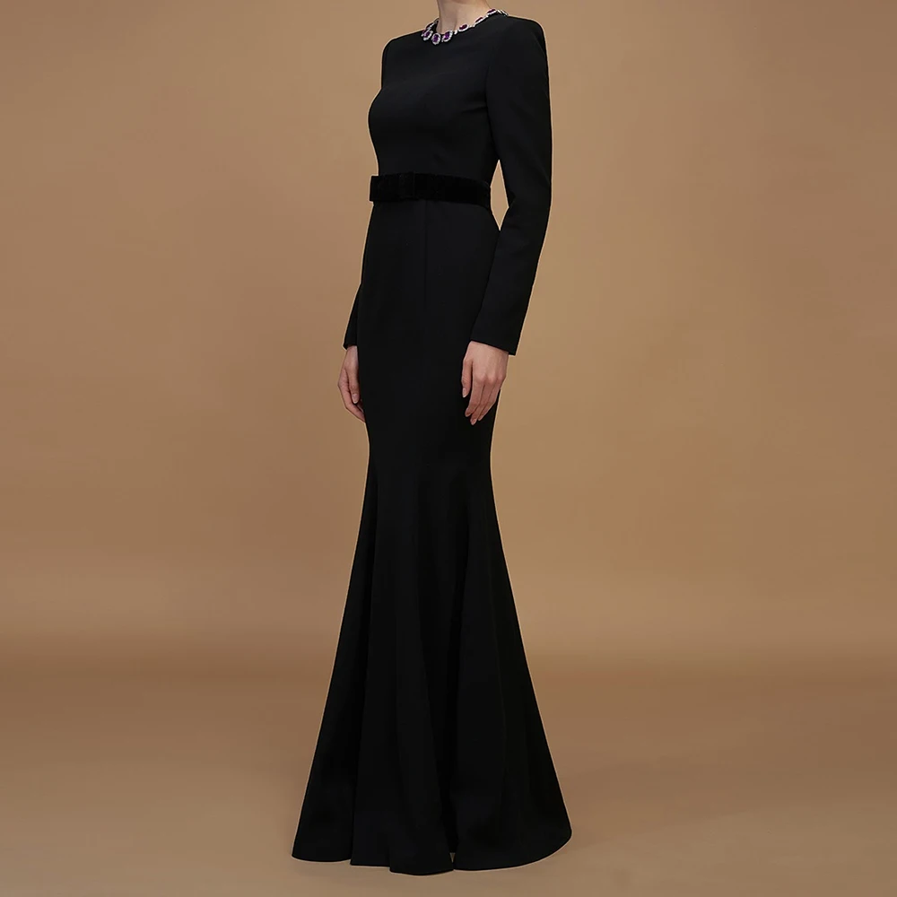Personalizado a linha vestidos de noite até o chão o pescoço manga cheia vestido de baile moda cristal simples drapeado vestido de festa casual