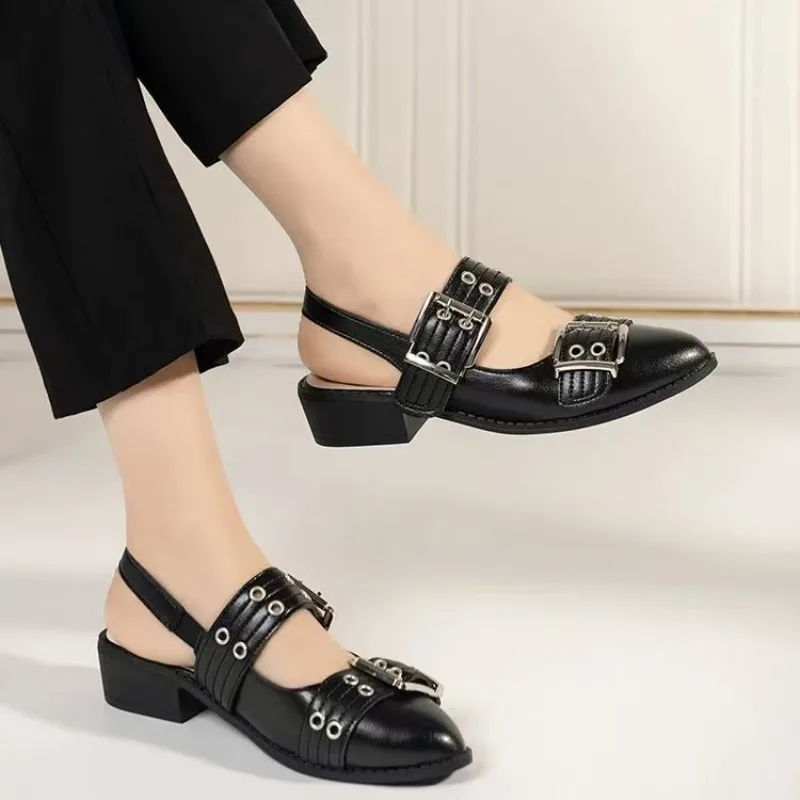 Women's Black Sandals New Open Heel Small Leather Shoes Pump Female Retro Round Head Hollow Thick Heel Baotou High Heel Shoes