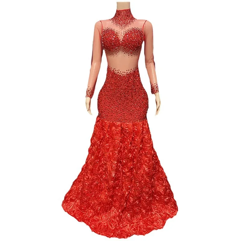 Evening Dress Temperament High-end Light Luxury Pendant Rose Skirt Chest Full Diamond Mesh Yarn Hollow Slim-fitting Sexy Dress