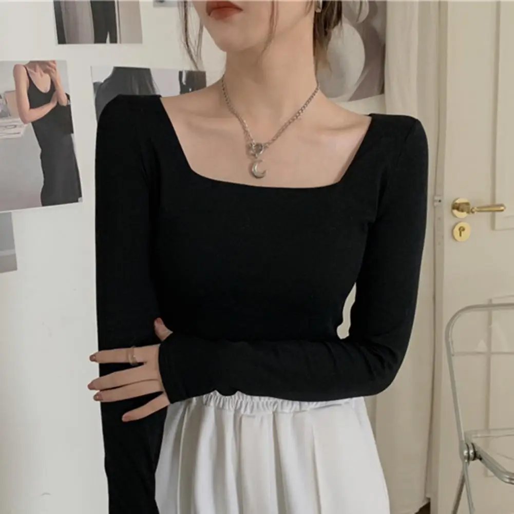 Square Neck Low Cut Slim Long Sleeve Blouse Women Ribbed Sexy Cropped Top Casual Skinny Basic Pullover blusas mujer de moda 2022