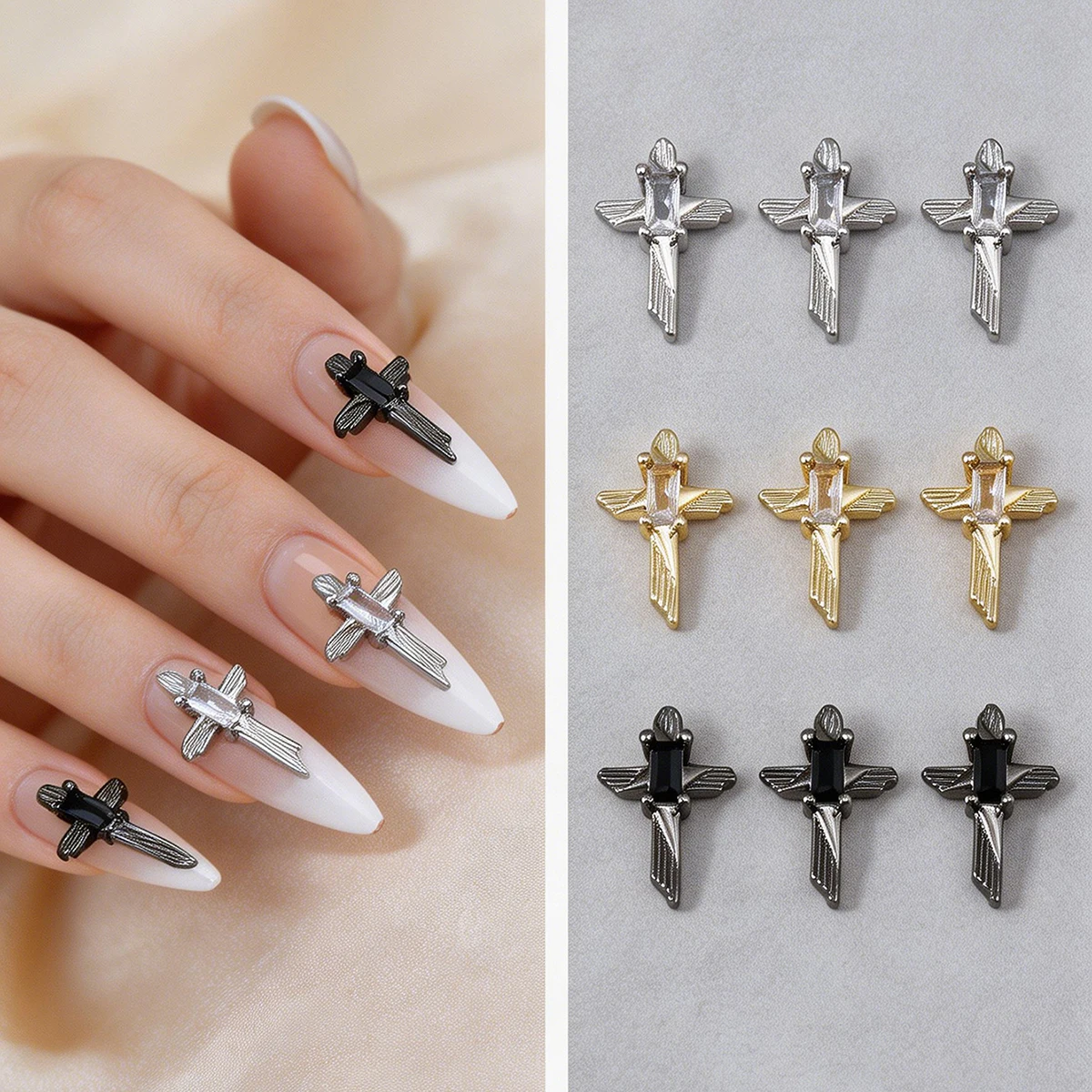 5 Pieces of European and American Punk Style Cross Nail Art Decorations, Copper Inlaid Zircon 3D Sparkling Cross Nail Gemstones, Exquisite Rhinestone Nail Accessories, Y2K Multifunctional DIY Decorative Accessories, Fake Nail Decorations, Nail Supplies