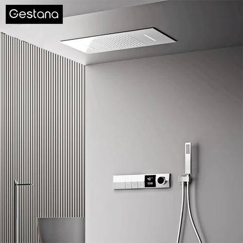 Chrom-Wandmontage-Decke, thermostatisches Regenduschsystem, LED-Anzeige, 3 Sprühmodi, Messing, Verbrühschutz, einfach zu installierende Dusche