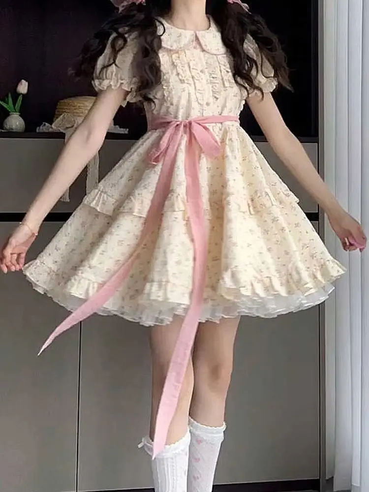 Sweet Princess Floral Print Puff Sleeve Doll Collar Women Summer Dresses Bow Belt Ruffle Cake Dress Petite Party Popular Clothes