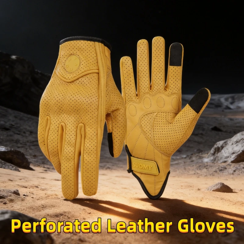 

SUOMY Retro Perforated Leather Motorcycle Gloves Black Yellow Pink Brown Hard Shell Protective Touchscreen Motocross Riding Gear